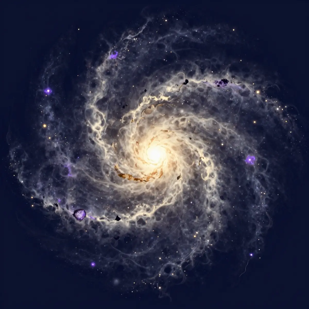 Spiral galaksi abstrak warna krem dan ungu di latar navy