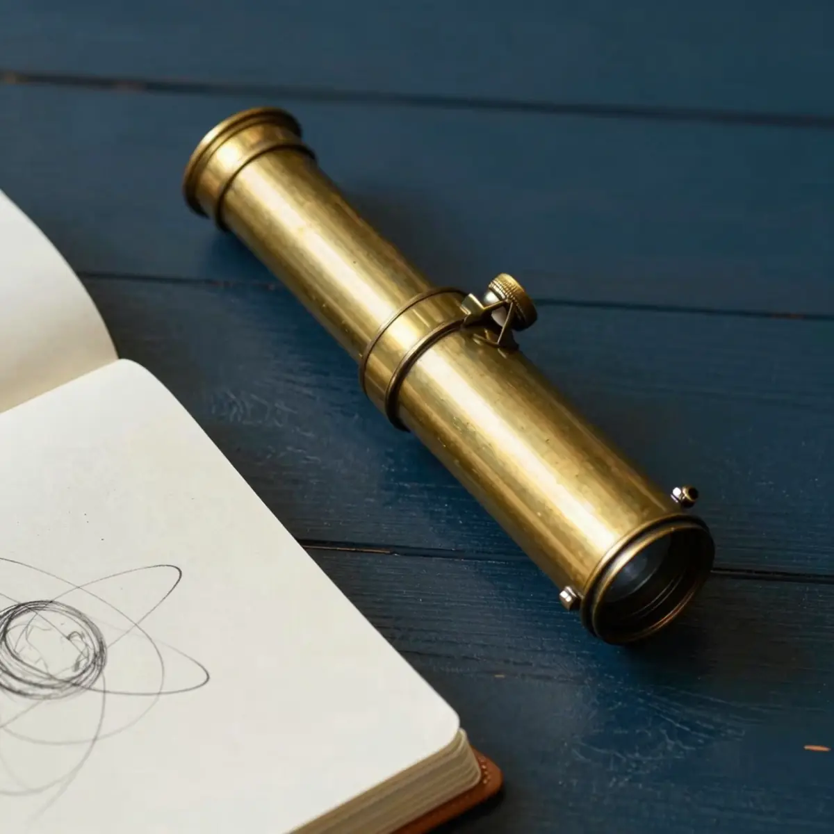 Teleskop refraktor kuningan di atas meja kayu navy dengan sketsa orbit